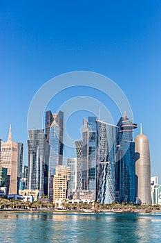 DOHA, QATAR - JAN 8th 2018: The West Bay City skyline as viewed from The Grand Mosque on Jan 8th, 2018 in Doha, Qatar. The West Ba