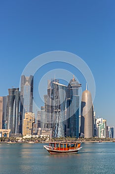 DOHA, QATAR - JAN 8th 2018: The West Bay City skyline as viewed from The Grand Mosque on Jan 8th, 2018 in Doha, Qatar. The West Ba