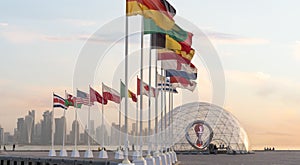 Doha, Qatar- July 03, 2022 : FIFA World Cup Qatar 2022 Official Countdown Clock at the corniche