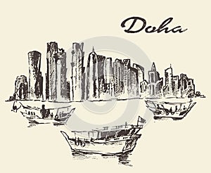 Doha skyline Dhow Qatar illustration drawn sketch