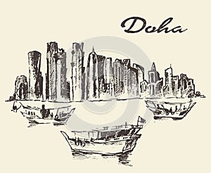 Doha skyline Dhow Qatar illustration drawn sketch photo