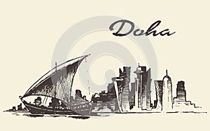 Doha skyline Dhow Qatar vector hand drawn sketch photo