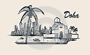 Doha skyline,hand-drawn sketch vector illustration.Museum of Islamic Art. photo
