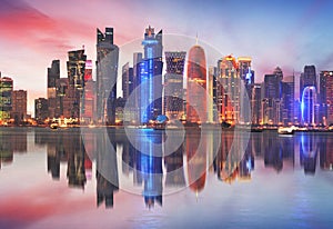 Doha skyline of West Bay Center during sunrise, Qatar photo