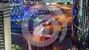 Doha view down timelapse video crossroad intersection night lights skycreapers Qatar, Middle East