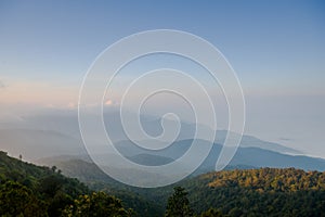 Doi Inthanon and morning mist, mountain in Thailand