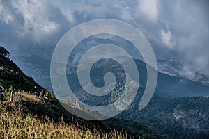 Doi Inthanon National Park ,Chiang Mai,Thailand, Kew Mae Pan Nature Trail, view of group traverler walking on the walk way