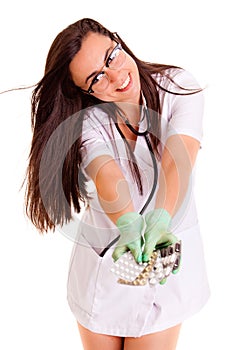 Doktor medical healthcare girl isolated on white background pils drugs photo