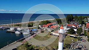 doku film scene opening. Dramatic aerial view flight island poel lighthouse