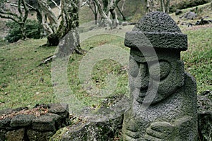 Dol hareubang stone grandpa sculpture at Halla Arboretum in Jeju Island, Korea
