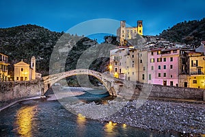 Dolceacqua town at dusk, Liguria, Italy