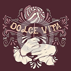 Dolche vita. Vector illustration of woman mouth biting lollipop and hands