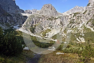 Dolina Zeleneho plesa valley with mountain peaks above in HIgh Tatras mountains