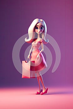 Doll in barbie style with shopping bag. Concept and promotional discounts AI generated