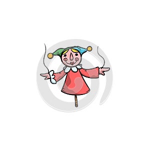 Doll buffoon in red clothing and cap. Raster illustration in flat cartoon style