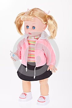 Doll with cell phone toy in white background
