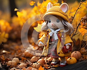 a doll dressed in an autumn outfit stands in front of a pile of pumpkins