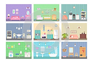 Doll house interior concept. Nine different rooms with furniture