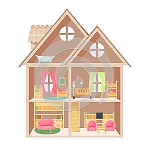 Doll house with two storeys and little furniture photo