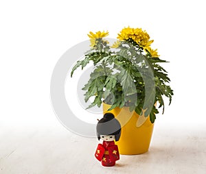 Doll Kokeshi on a background of yellow chrysanthemums (mass pro
