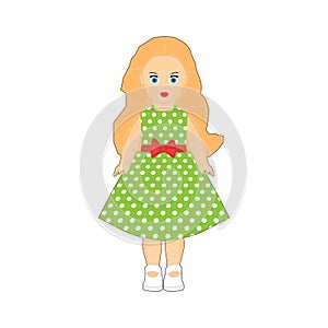 Doll of a little girl in a green dress on a white background