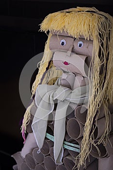 Doll made from toilet paper rolls, recycled home activity.