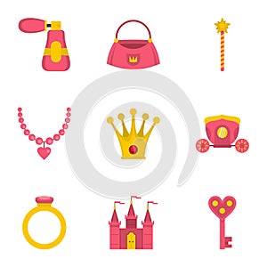 Doll princess icon set, flat style
