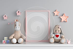 Doll on table with frame mockup, 3D rendering