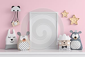 Doll on table with frame mockup, 3D rendering