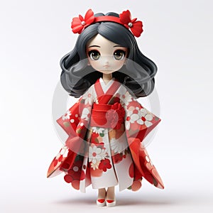 Anime-inspired 3d Render Of Doll In Red Kimono Dress photo