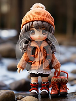 a doll wearing an orange coat and boots standing on rocks