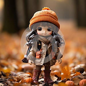 a doll wearing an orange coat and hat stands in front of a pile of pumpkins