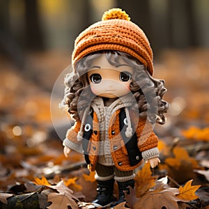 a doll wearing an orange coat and hat stands in a pile of fallen leaves