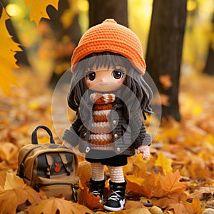 a doll wearing an orange hat and coat stands in front of a pile of fallen leaves