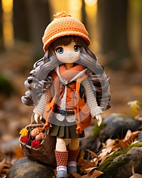 a doll wearing an orange vest and hat stands in the leaves
