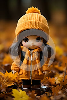 a doll wearing a yellow coat and hat stands in a pile of fallen leaves