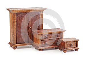 Doll wooden furniture set: wardrobe, chest of drawers and nights