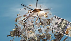 Dollar 100 banknotes helicopter money dropping 3d illustration