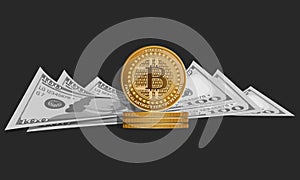 Dollar 100 Bills. Bitcoin. Vector money poster, background. Cryptocurrency sign and hundred