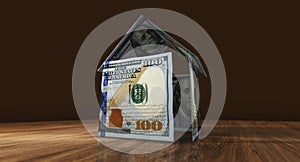 Dollar 100 USD money banknotes paper house on the table 3d illustration
