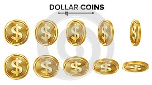 Dollar 3D Gold Coins Vector Set. Realistic Illustration. Flip Different Angles. Money Front Side. Investment Concept