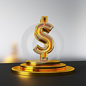 Dollar 3d render golden symbol design. World currency sign on pedestal. American money icon. Raster digital bitmap illustration.