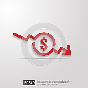 dollar arrow decrease icon. Money arrow symbol. economy stretching rising drop fall down. Business lost crisis decrease. lower