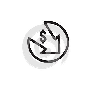 dollar arrow decrease icon. Money arrow symbol. economy stretching rising drop fall down. Business lost crisis decrease. lower