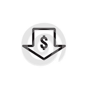 dollar arrow decrease icon. Money arrow symbol. economy stretching rising drop fall down. Business lost crisis decrease. lower