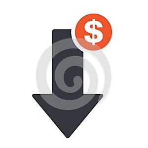 Dollar arrow down line icon. Reduction banking, finance, profit concept