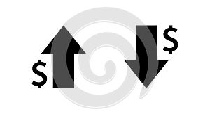 Dollar arrow up and down icon. USD currency increase and decrease sign symbol