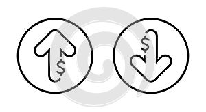 Dollar arrow up and down outline icon on circle line. Increase and decrease USD sign symbol