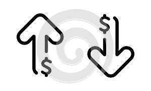 Dollar arrow up and down outline icon. USD increase and decrease sign symbol