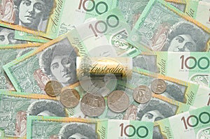 Dollar australian banknote and coins